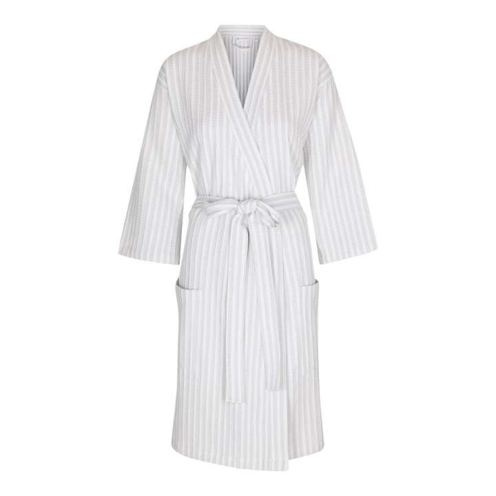 Priser på CarebyMe Kimono / badekåbe model Kathrine, 100% økologisk bomuld, lys grå / hvidstribet - small